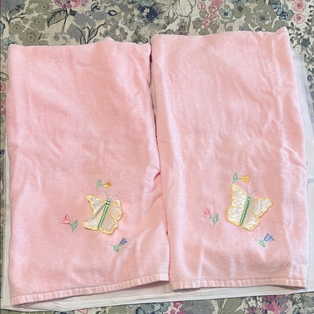 Vintage 2 Pink Towels with Butterfly Patch and embroidered flowers Embroidery